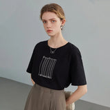 Round Neck Short Sleeve T-shirts Loose Midweight Straight Office Lady Letter Printing Solid Spring Cotton