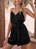 Summer Women Paysuit Green Wide Leg Sleeveless V-Neck Romper with Belt Strap High Waist Casual Oversize Jumpsuits for Women-Outfit
