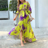 Fongt Temperament Elegant Inclined Shoulder Dress Ins Print Lantern Sleeve High-Waisted Dress