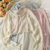 Short Cardigan Women Long Sleeve Thin Open Stitch Knitted Sweater Shirts Female Solid Shawl-Outfit
