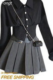 Women 2 Piece Sets Black vintage Gothic Chiffon Fishtail Shirt Sexy Skirt Female Slim Grey Pleated Skirts 2023 Autumn