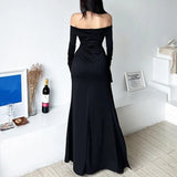 Ruched Slash Neck Vestidos Mujer Y2k E-Girl Long Sleeve Black Dress for Women Mid-length Bodycon Split Knitted Dresses-Outfit