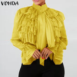 Elegant Blouse OL Style Stand Collar Shirts Ruffled Tops 2022 VONDA Female Casual Baggy Blusas