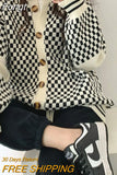 Black White Plaid Sweater Women Retro Long Sleeve Buttons Knitted Cardigan Fashion Chessboard Korean Loose Warm