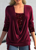 Sequin Contrast Solid Color Long-sleeved Large Drop Collar