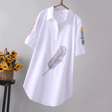 Arrival Women Feather Embroidery Long Cotton White Blouse Summer Short Sleeve White Female Shirt Turn-Down Collar Top
