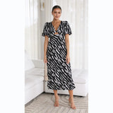 Fongt Fresh And Sweet Wind Print V-Neck A Word Long Dress 23025-Outfit