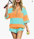 Fongt Spring And Summer New Women's Striped Half-Sleeved Oversized Shorts Casual Sportswear Two Sets