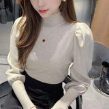 Korean Version Semi-High Round Collar Design Bubble Sleeve Knitted Sweater Autumn And Winter New Foreign Style Pullover Women's Dress-Outfit