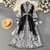 Fongt And Autumn New Holiday Wind Collar Lantern Sleeve Print Together With A Female Waist Swing A Word Over The Knee Long Skirt