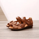Genuine Leather Peep Toe Ladies Sandals Summer Shoes Women Low Heel 2021 Hook & Loop Soft Comfort Flat Sandals
