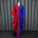 Fongt New Loose V-Neck Bat Long-Sleeved Dress 褶皱收 Waist Big Swing Fashion Party Dress Dress