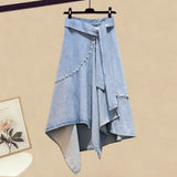 Women Summer Two Piece Set Korean Ruffles Patchwork Short Sleeve V Neck Top And Irregular Denim Skirts Set For