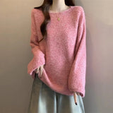 Fongt Good-Looking Pink Sea Hair Knitted Shirt Shoulder Sweater Women 2025 Autumn New Large-Size Fat Mm Medium Long Top