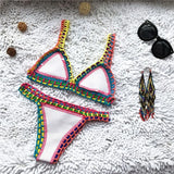 2021 Hand Crocheted Bikini Knit Patchwork Women 2 Piece Swimsuit Halter Top Brazilian Bathing Suit Knitted Thong