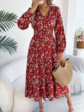 Shooting Autumn And Winter Elegant Flowers V Lead Long Sleeves To Close Waist Lotus Leaf Side A Dress Women's