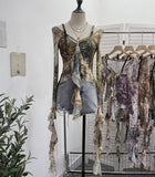 Fongt Retro Oil Painting Wind Dyed Lotus Leaf Side Sling T-Shirts Long Sleeves Drifting Coat 2658
