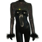 Rhinestone Feather Women's T-Shirt Fishnet Mesh Hollow Out See Through Long Sleeve Crop Tops Tee Party