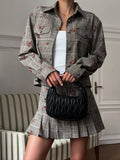 Fongt Plaid-Print Set Shirt-Style Jacket With Hundreds Of Folded Skirt Autumn And Winter Crumuml Flower Design Sweet Retro Woman