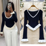 Fongt Striped Knitted Shirt Autumn Lotus Side Hem Horn Sleeves Slimmed Out Of The Bottom Coat