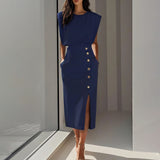 Fongt Elegant Workplace Party Button Dress New Burst