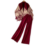 Fongt Temperament Bottom Half-High Collar Sweater + Printed Knitted Shawl Jacket + High Waist Lanky Trousers Three-Piece Set