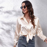 New Loose Long-Sleeved Blouse Simple V-Neck Cardigan Shirt Button Blouse Solid Color-Outfit