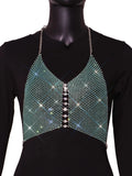 Women Trendy Shiny Rhinestone Crop Top Glitter Crystal Mesh Fishnet See Through Backless Tank Top for Women Y2K Halter
