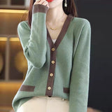 Fongt V-Collar Small Fresh Cardigan Sweater Color Fashion Loose Long-Sleeve Jacket Autumn And Winter Women's Coat-Outfit