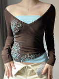 Fongt Printing Color And Fake Two-Piece T-Shirt Girl 2025 Autumn Ins Bottom New Top