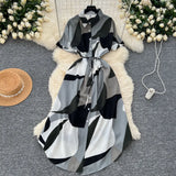 Fongt Short-Sleeved Dress Women Autumn Polo Tie Straps To The Waist Design Small Chic Temperament Long Dress