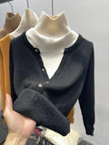 Women Thicken Velvet Lined Fake Two Piece Sweater Winter Turtleneck Patchwork Knitted Tops Korean Warm Lace Splicing Knit