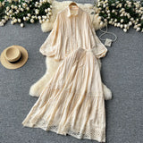 Fongt Suit Female Senior Sleeve Lace Splicing Lantern Long-Sleeved Shirt + High Waist Slim Swing Skirt