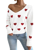 Fongt And Winter Valentine's Day Design Slid Love Embroidery V Collar Sweater Female Top
