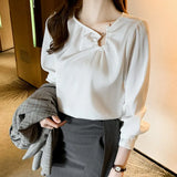 Women's Blouses Embroidered Flares Long Sleeve Shirt Women Solid Skew Collar Elegant Ladies Tops Basic OL Woman