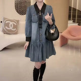 Clothing Pockets Patchwork Denim Dresses Korean Spring Autumn Long Sleeve Casual Loose Turn-down Collar Button Midi Dress-Outfit