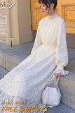 Sleeve Dress Women Lace Patchwork Autumn New Fashion Aesthetic Thick All-match Leisure Tender Simple Cozy Female