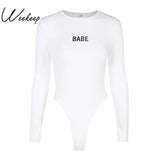 Babe Print Long Sleeve Bodysuit Women Autumn Winter Sexy Bodycon Bodysuits 2018 Womens O-neck One Piece Body