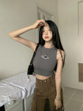 Letter Embroidery Ribbed Cropped Tank Top-Outfit