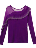 Autumn Ringstones Ruffles Long Sleeve Mesh T-shirt Tee New Female Round Collar Sheath Tops T-shirts for women-Outfit
