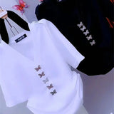 Solid Color T-shirt Stylish Butterfly Three-dimensional Decoration Female Summer Elegant V-Neck Sexy Backless Pullovers-Outfit