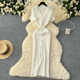 Fongt Little Scent Retro V-Neck Metal Single-D Row Buckle Slimming Temperament Knitted Dress Spring