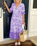 Fongt Summer Temperament Commuting Long-Term Broken Flower Tie-Dye Printing Large Code Loose Dress Women