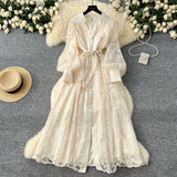 Fongt High-End Women's Dress 2025 Spring Collection Heavy Industry Embroidery V Neck Lantern Sleeve Single Row Buckle Long Skirt