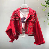 Autumn Women Harajuku Red Denim Jacket Coat Hand Beaded Short Black Jean Jackets Students Basic Coats Jaquetas