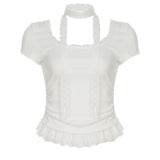 Fongt Hottie Style Solid Color Lace Splicing Short Sleeves Around The Neck Coat Folded Waist Collar Casual T-Shirt Short