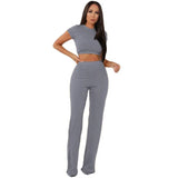 knitted long sleeve o-neck crop top wide leg pants 2 piece set for female women tops pants two pieces sets women's