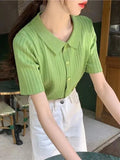 Fongt POLO Lapel Knit Cardigan Summer 2024 New Color Knit Short Sleeve Sweater Top-Outfit