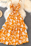 Women Beach Long Dress Summer Sexy V Neck Spaghetti Strap Backless Boho Floral Dresses Woman A-line High Waist Party