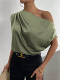 2024 Pure Satin Imitation Silk Irregular Sloping Shoulder Collar Sleeveless Shirt Women's Dress-Outfit